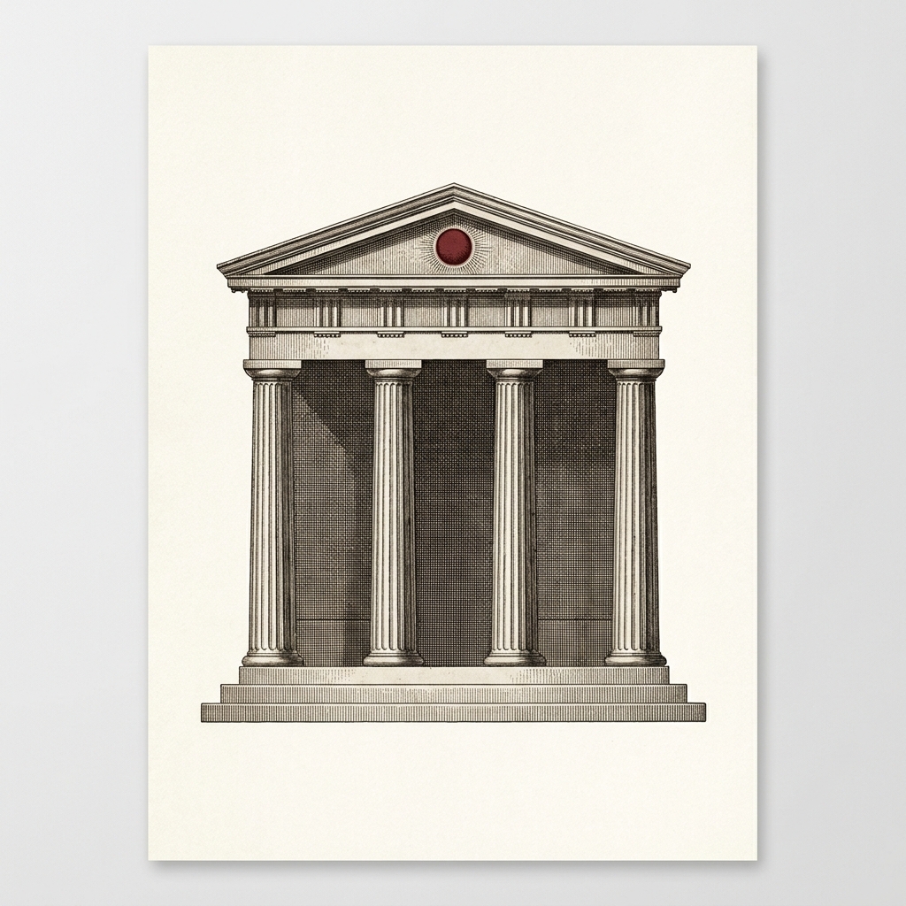 Engraving of a Greek stoa porch with a red sun disc in the pediment